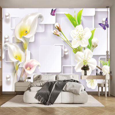 Фотошпалери Калли і Магнолії на тлі перлів і метеликів