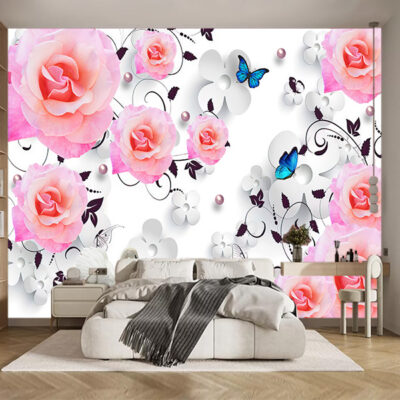 Фотошпалери Лебеді на тлі троянд і метеликів