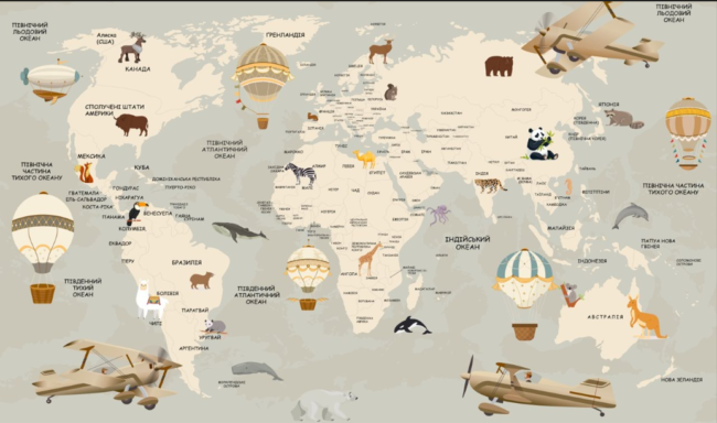 Фотошпалери Дитяча карта з тваринами.  Ціна  3000 грн за виріб.